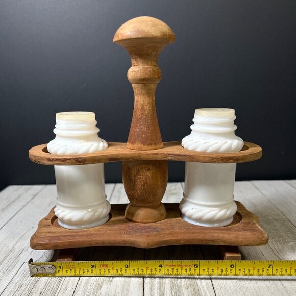 Vintage Milk Glass Salt and Pepper Shakers Rope Design with Wooden Stand - Picture 4 of 4
